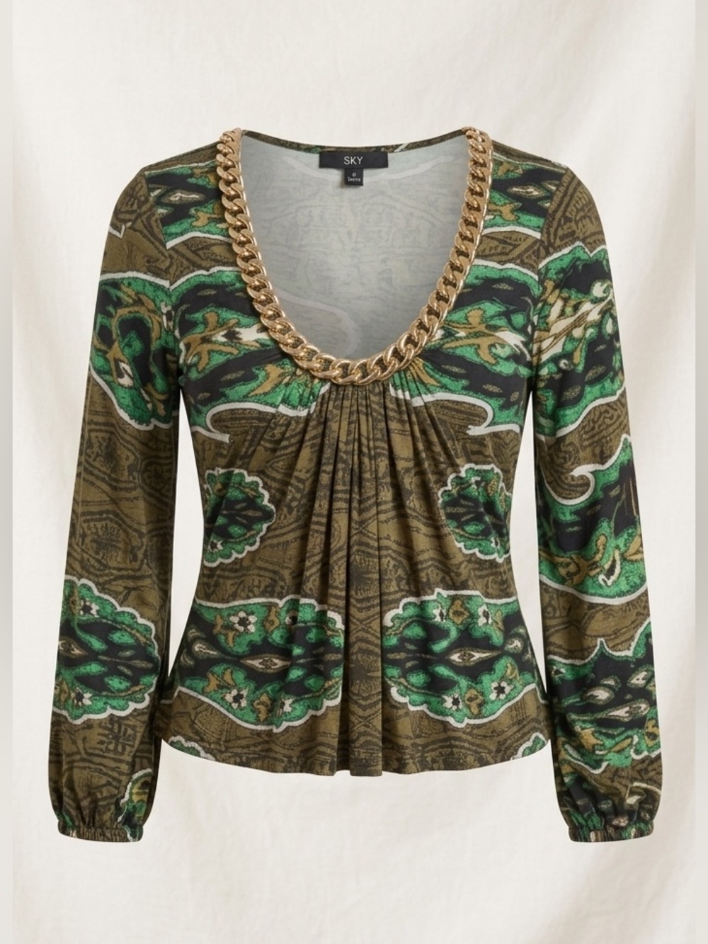 NWT SKY Iconic Green Paisley Blouse with Gold Chain Neckline Small
(MSRP: $198)